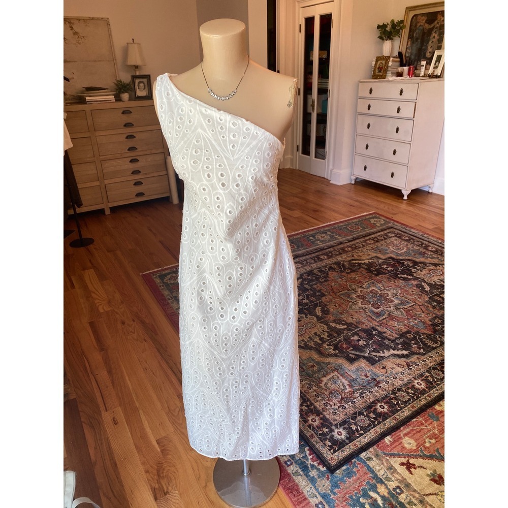 Zara‎ White Eyelet One Shoulder Midi Dress XS NWT
